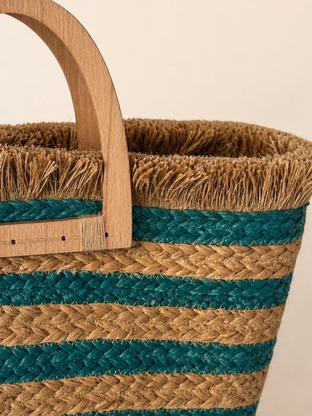 ANTIK KRAFT Hashree Wicker Jute Blue Stripes Tote Bag Wooden Handles Beach Bag - Picture 4 of 16